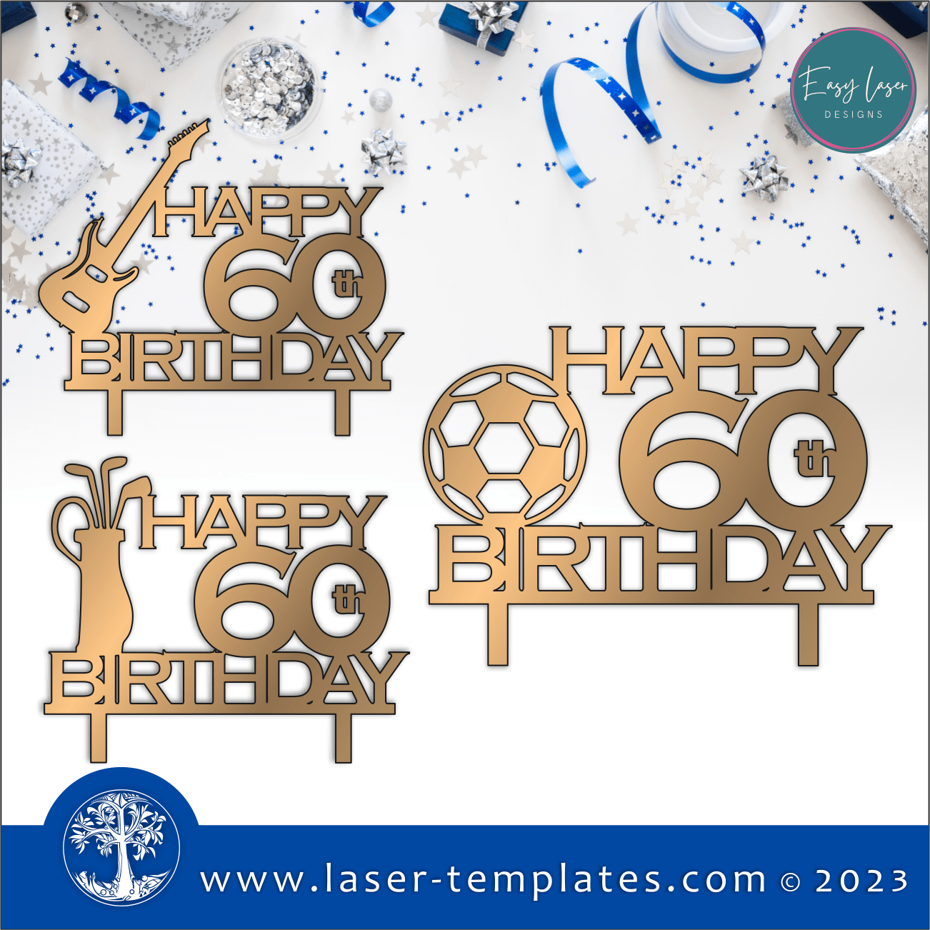 60th Birthday Cake Topper Bundle - 12 Designs – Laser Ready Templates, image size:1302x1302