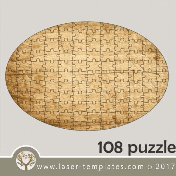 108 puzzle template, laser cut oval shape puzzle pattern. Single line cut design. Online store, free designs every day.