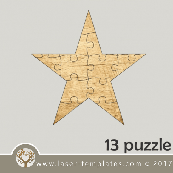 13 puzzle template, laser cut star shaped puzzle pattern. Single line cut design. Online store, free designs every day.