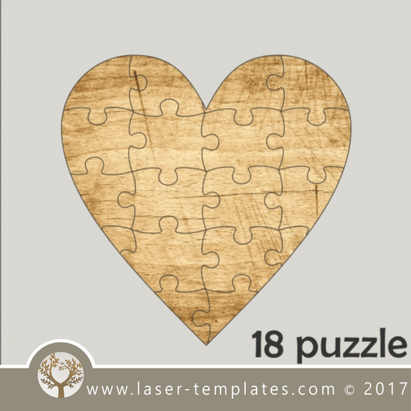 18 puzzle template, laser cut heart shape puzzle pattern. Single line cut design. Online store, free designs every day.