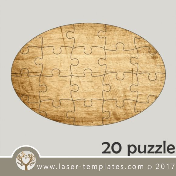 20 puzzle template, laser cut oval shape puzzle pattern. Single line cut design. Online store, free designs every day.