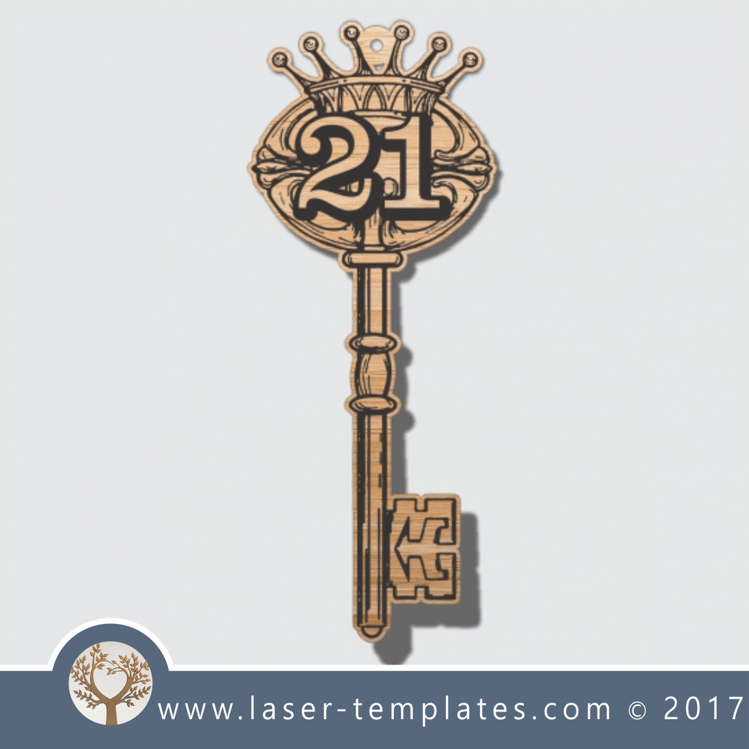 21st key template, wooden laser cut key. Online store download. Laser