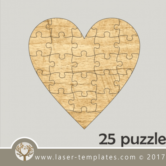 25 puzzle template, laser cut heart shape puzzle pattern. Single line cut design. Online store, free designs every day.