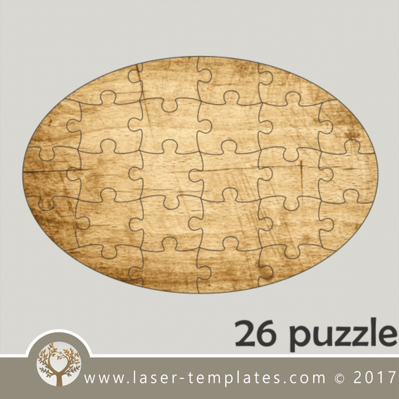 26 puzzle template, laser cut oval shape puzzle pattern. Single line cut design. Online store, free designs every day.
