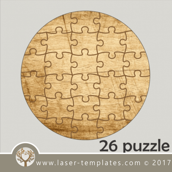 26 puzzle template, laser cut round puzzle pattern. Single line cut design. Online store, free designs every day. 26 puzzle round