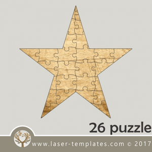 26 puzzle template, laser cut star shaped puzzle pattern. Single line cut design. Online store, free designs every day.