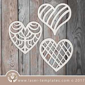 Heart template laser cut online store, free vector designs every day. 3 Patterned Hearts.