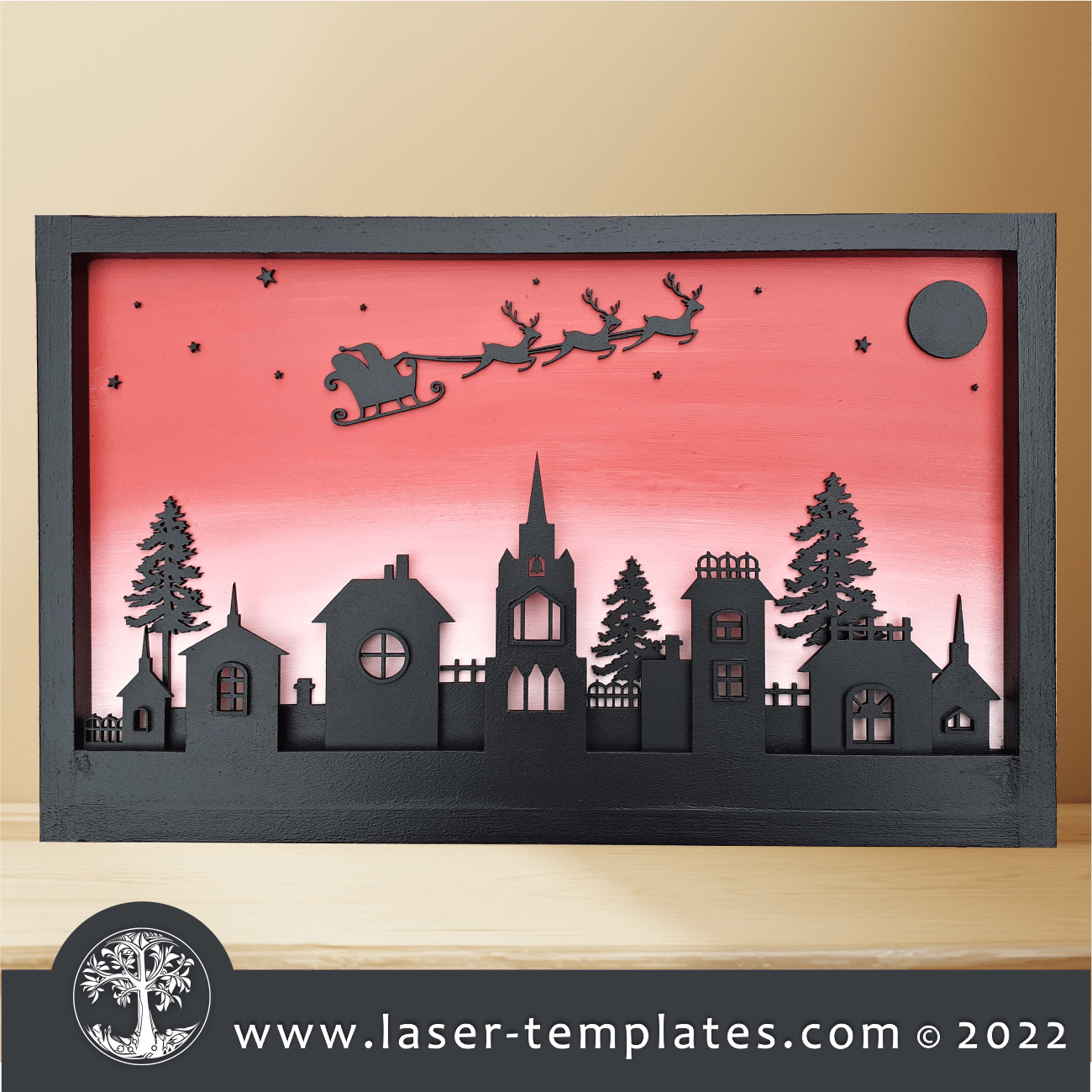 3D Wall Art Christmas Town with Santa Sleigh Laser Ready Templates