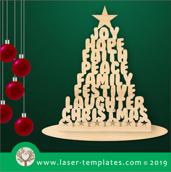 Laser cut template for 3mm English Words Christmas Tree
