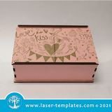 Wooden box template for laser cut and engrave. Buy this box template, design, pattern. Download VECTOR file PDF, AI, DXF, EPS, SVG, CDR x4. You can scale (keep in mind you wood thickness) and add or remove elements to personalize the design. choose any of our stencil cut templates to cut a different pattern or any other design to engrave on this box. Great Valentine's day gift. This box was test cut on 3mm wood and measure 155 x 115 x 55mm. Valentine's Sliding Lid Box 1. 