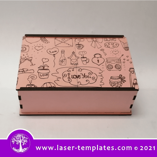 Wooden box template for laser cut and engrave. Buy this box template, design, pattern. Download VECTOR file PDF, AI, DXF, EPS, SVG, CDR x4. You can scale (keep in mind you wood thickness) and add or remove elements to personalize the design. choose any of our stencil cut templates to cut a different pattern or any other design to engrave on this box. Great Valentine's day gift. This box was test cut on 3mm wood and measure 155 x 115 x 55mm. Valentine's Sliding Lid Box 6. 