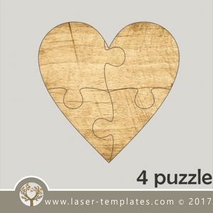 4 puzzle template, laser cut heart shape puzzle pattern. Single line cut design. Online store, free designs every day.