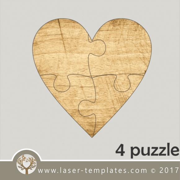 4 puzzle template, laser cut heart shape puzzle pattern. Single line cut design. Online store, free designs every day.