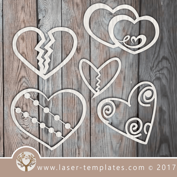 Heart template laser cut online store, free vector designs every day. 5 Hearts.