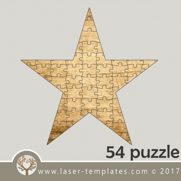 54 puzzle template, laser cut star shaped puzzle pattern. Single line cut design. Online store, free designs every day.