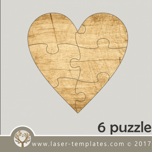 6 puzzle template, laser cut heart shape puzzle pattern. Single line cut design. Online store, free designs every day.