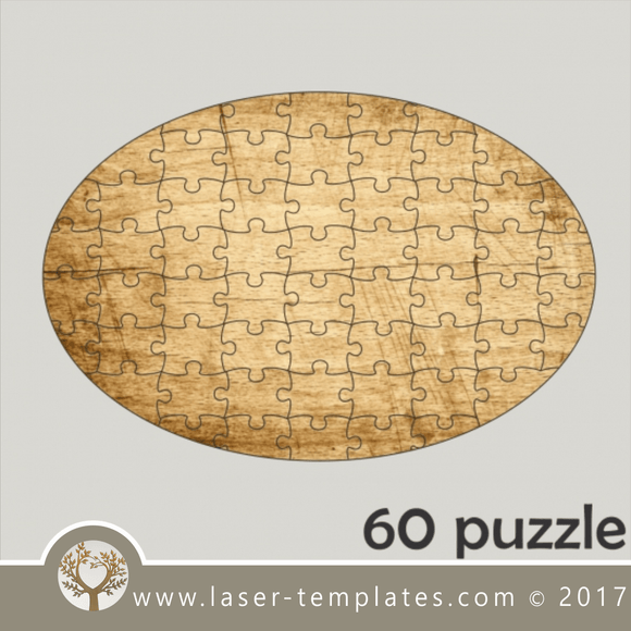 60 puzzle template, laser cut oval shape puzzle pattern. Single line cut design. Online store, free designs every day.