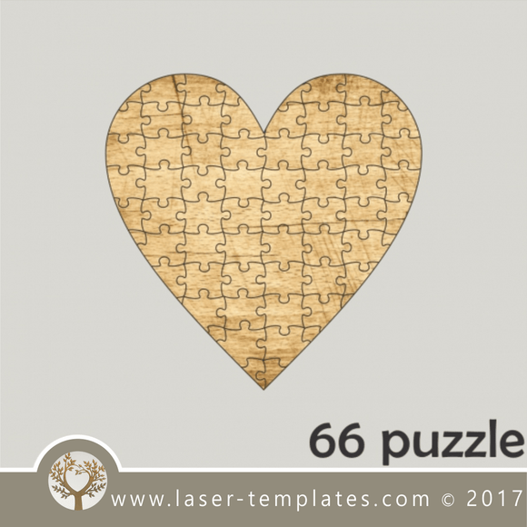 66 puzzle template, laser cut heart shape puzzle pattern. Single line cut design. Online store, free designs every day.