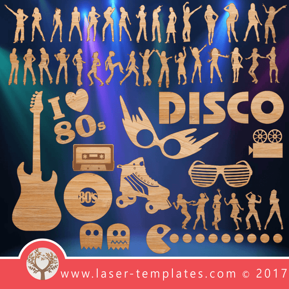 Laser cut 80's Party Decorations x 49 piece from laser templates.