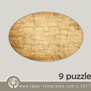 9 puzzle template, laser cut oval shape puzzle pattern. Single line cut design. Online store, free designs every day.