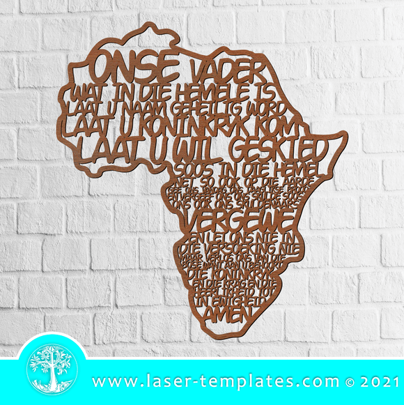 This Laser cut AFRIKAANS Our Father-Onse Vader - Africa Frame design can be use for wall art, gifts, interior design decor. Cut out of wood, hardboard, acrylic. You can scale and add or remove elements to personalize this design. Our templates are all tested. This Our Father - Africa Frame template will make a great addition to any range! AFRIKAANS Our Father-Onse Vader - Africa Frame.  MINIMUM SIZE: 350mm HEIGHT   WinZIP file contains the following VECTOR files: AI, EPS, SVG, DXF, CDR