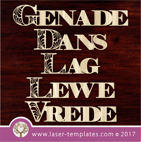laser cut Afrikaans words, genade, dans, lag, lewe, vrede. download pattern design templates.