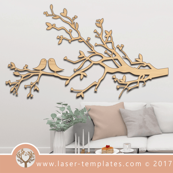 Branch with hearts and birds laser cut template, download vector designs.