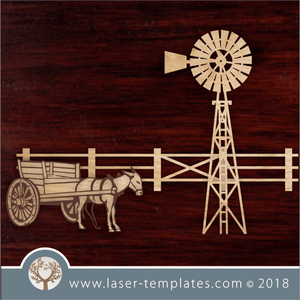 Laser Cut Farm Scene Template with Windmill and Donkey