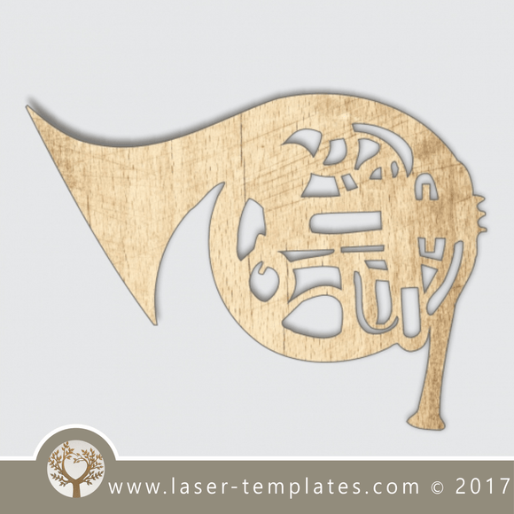 French horn musical template, online vector design store for laser cut templates.