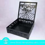 Laser cut template for Halloween Box. This design is cut out of 3mm MDF and is 10cm x 10cm. Buy this template, design, pattern. This cut pattern, is perfect for laser cutting. It can be used for birthdays, gifts, stationery boxes or add to your range of products. Cut out of wood, hardboard or acrylic. Use your favorite editing program to scale this vector to any size. You can add and remove elements or personalize the design.     REQUIRES 3MM MATERIALS  SIZE: Box = 250mm x 250mm x 60mm
