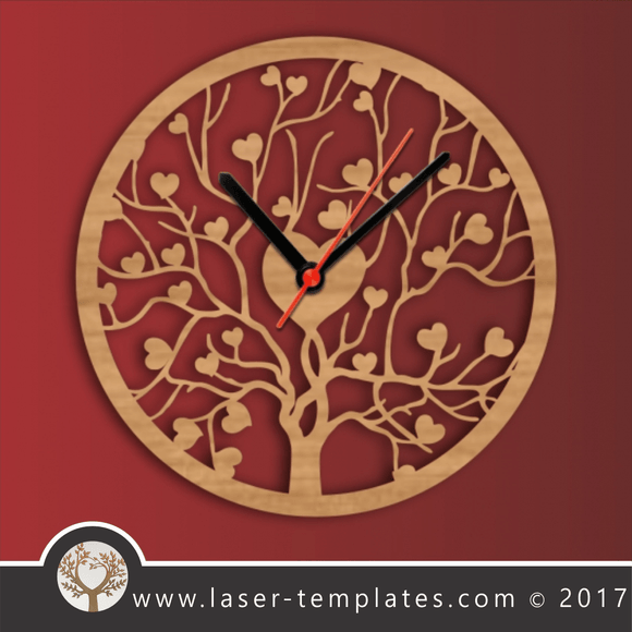 Laser cut template, wall clock, heart tree branch design. Online template store, free Vector patterns every day. heart tree clock