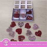 Laser cut template for Hearts Ornament Box. Kids Interior and exterior design décor, or add to your product catalog and perfect for Valentine's day as well or any occasion really. Cut out of 3mm wood, hardboard or acrylic. You can add and remove elements or personalize the design.  BOX SIZE: 200mm x 135mm x 28mm SNOWFLAKE SIZE: 60mm x 55mm CANNOT BE SCALED WITHOUT DESIGN EXPERIENCE This is designed for 3mm materials ONLY. WinZIP file contains the following VECTOR files: AI, EPS, SVG, DXF, PDF, CDR