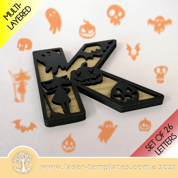 Laser cut template for Layered Halloween Monogram 2. Kids Interior and exterior design décor, Mothers Day gift, birthday present or add to your product catalog and perfect for Christmas as well or any occasion really. Cut out of 3mm wood, hardboard or acrylic.  You can add and remove elements or personalize the design.   Layered Halloween Monogram Alphabet 2  26 Letters Included. MINIMUM SIZE: 120mm in HEIGHT CAN EASILY BE SCALED FONT NOT INCLUDED CAN BE USED WITH 3MM OR 6MM MATERIALS