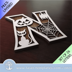 Laser cut template for Layered Halloween Monogram. Kids Interior and exterior design décor, Mothers Day gift, birthday present or add to your product catalog and perfect for Christmas as well or any occasion really. Cut out of 3mm wood, hardboard or acrylic.  You can add and remove elements or personalize the design.   Layered Halloween Monogram Alphabet   There are 26 Letters.  FONTS NOT INCLUDED! Minimum Size: 110mm in Height  WinZIP file contains the following VECTOR files: AI, EPS, SVG, DXF, PDF, CDR