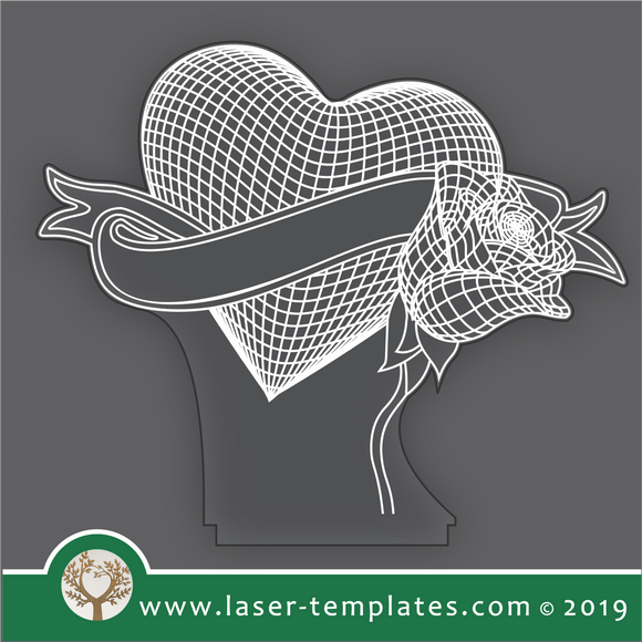 laser cutting templates Optical Illusion -  3D Heart with Ribbon and Rose