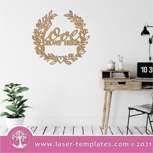 Laser cut template for Love Grows Here Wall Art. Interior and exterior design décor, or add to your product catalog and perfect for Valentines day as well or any occasion really. Cut out of 3mm wood, hardboard or acrylic. You can add and remove elements or personalize the design.   MININUM SIZE: 350mm in WIDTH CAN BE SCALED WITHOUT DESIGN EXPERIENCE This is designed for any material thickness WinZIP file contains the following VECTOR files: AI, EPS, SVG, DXF, PDF, CDR 