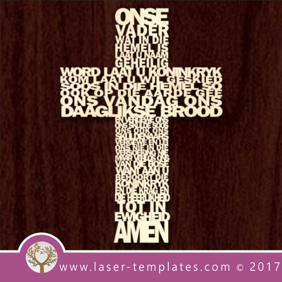 Laser cut Afrikaans word cross template. Download vector pattern, design. Our Father cross