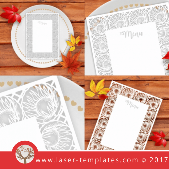 Laser cut Protea wedding menue template. shop online vector designs.