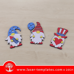 This Laser cut Set of 3 Patriotic Gnomes design can be use for wall art, gifts, interior design decor. Cut out of wood, hardboard, acrylic. You can scale and add or remove elements to personalize this design. Our templates are all tested. This Set of 3 Patriotic Gnomes template will make a great addition to any range! Set of 3 Patriotic Gnomes SIZE: 130mm, 140mm & 150mm HIGH   WinZIP file contains the following VECTOR files: AI, EPS, PDF, SVG, DXF, CDR  KINDLY NOTE! 