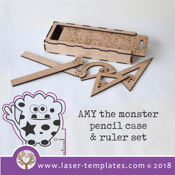 Sliding Lid Pencil Case with Amy the monster ruler set