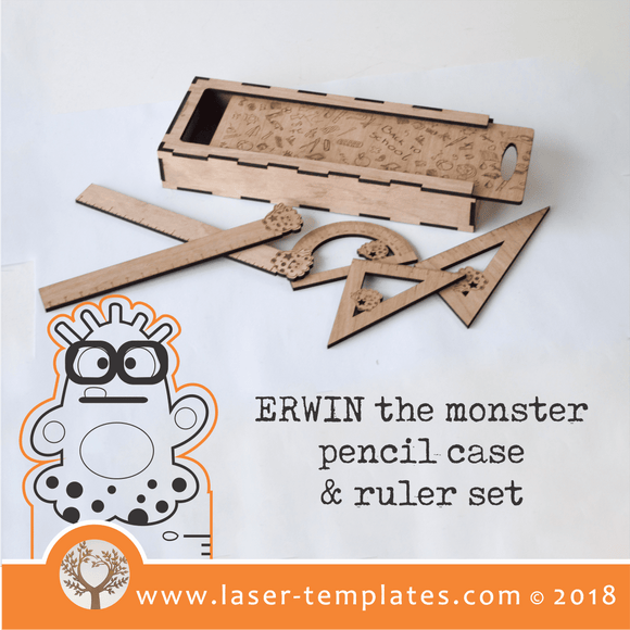 Sliding Lid Pencil Case with Erwin the monster ruler set