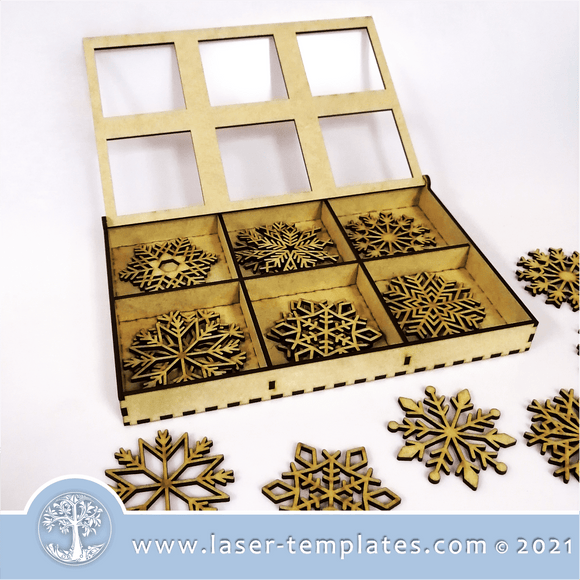 Laser cut template for Snowflake Ornament Box. Kids Interior and exterior design décor, Halloween or add to your product catalog and perfect for Christmas as well or any occasion really. Cut out of 3mm wood, hardboard or acrylic. You can add and remove elements or personalize the design. BOX SIZE: 168mm x 252mm x 28mm SNOWFLAKE SIZE: 70mm CANNOT BE SCALED WITHOUT DESIGN EXPERIENCE This is designed for 3mm materials ONLY. WinZIP file contains the following VECTOR files: AI, EPS, SVG, DXF, PDF, CDR