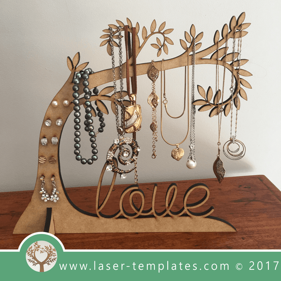 Tree trunk love jewelry stand from laser ready templates.
