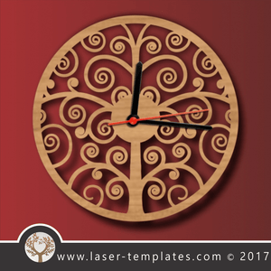 Laser cut template, wall clock, twirl tree branch design. Online template store, free Vector patterns every day. twirl tree clock.